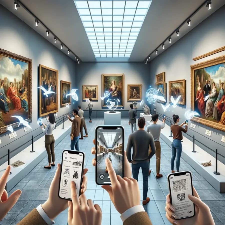 Visitors of a museum pointing their phones at the paintings with the MoreGlobe AR app